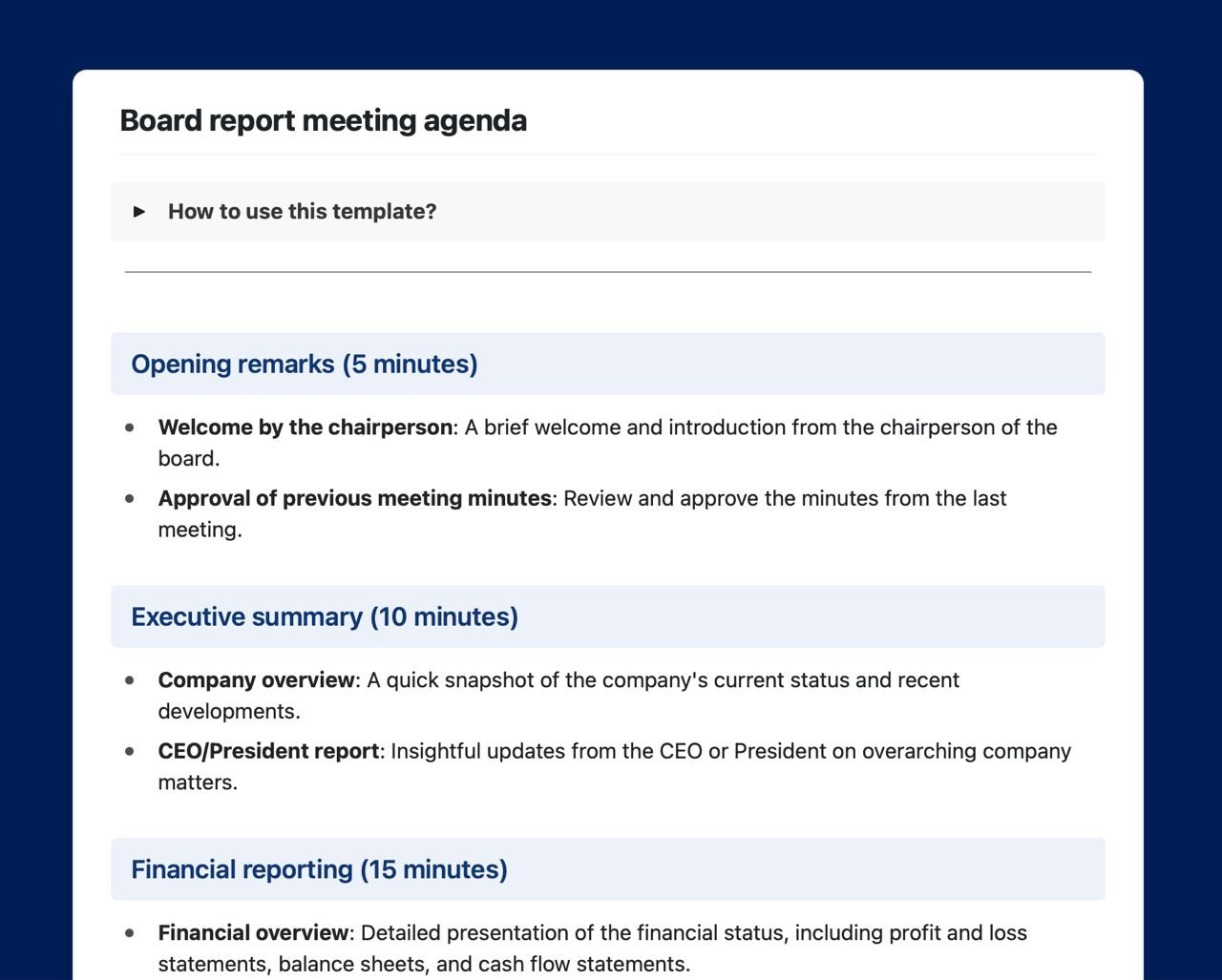 Craft Free Template: Board report meeting agenda