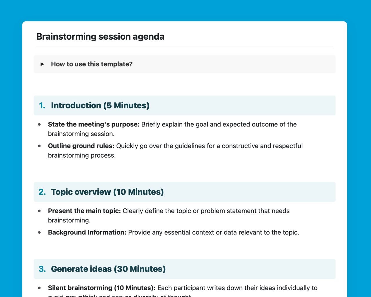 Craft Free Template: Brainstorming session agenda