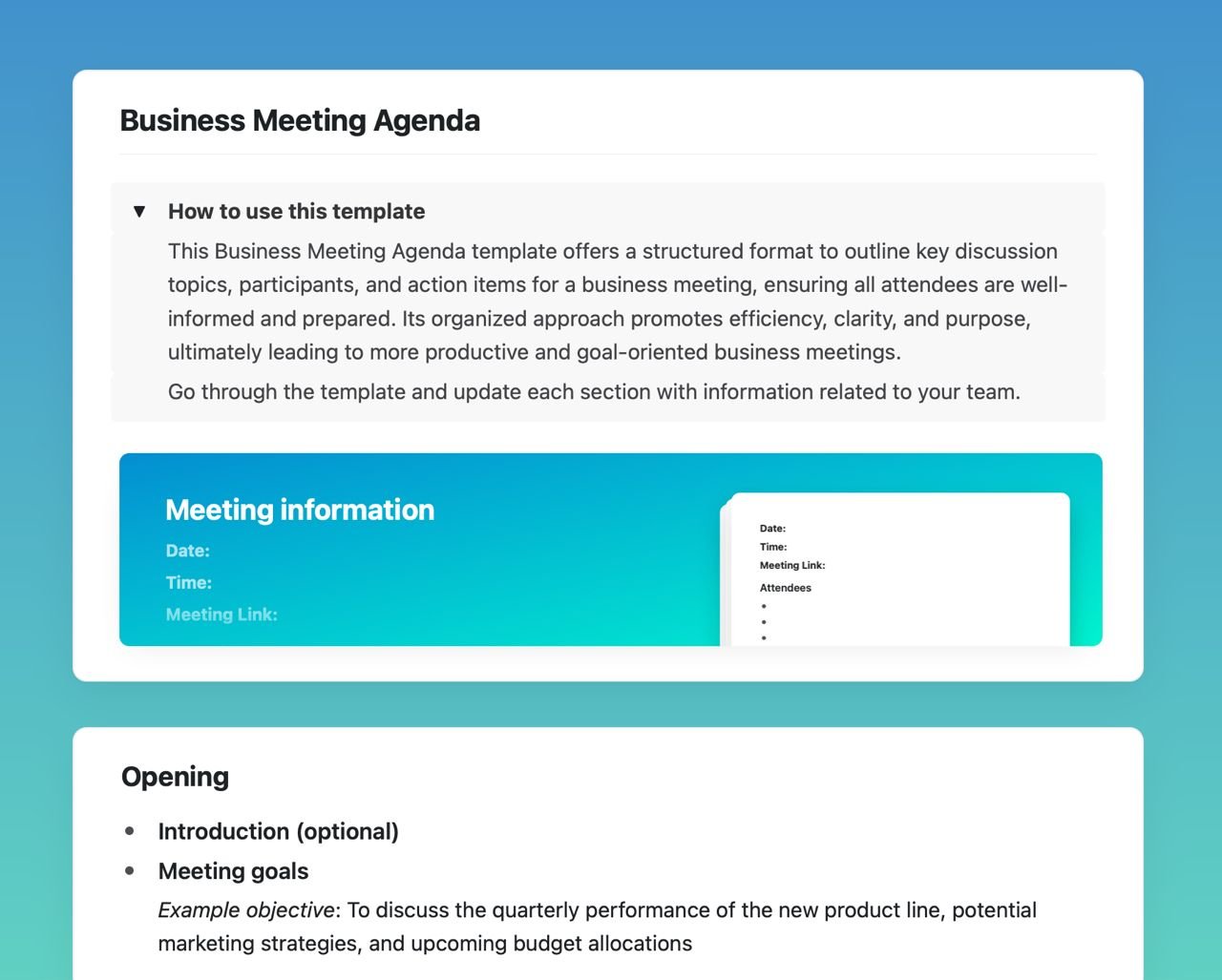 Craft Free Template: Business meeting agenda