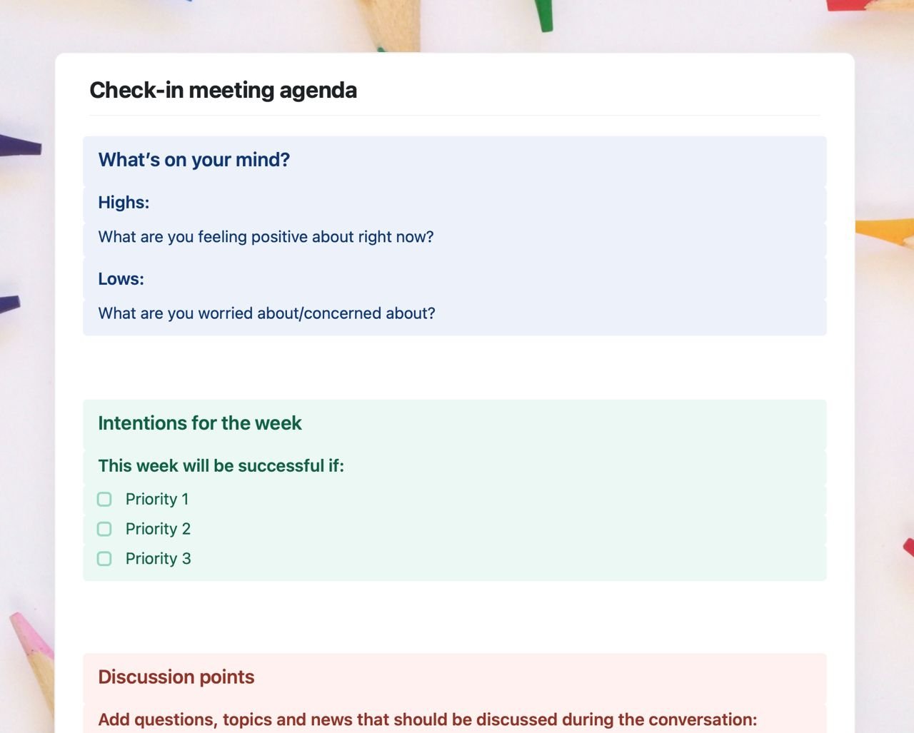 Craft Free Template: Check-in meeting agenda