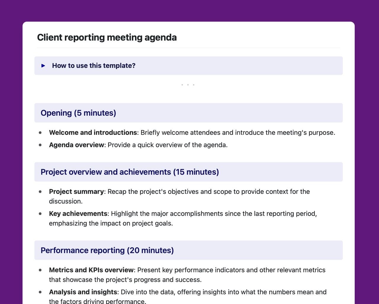 Craft Free Template: Client reporting meeting agenda
