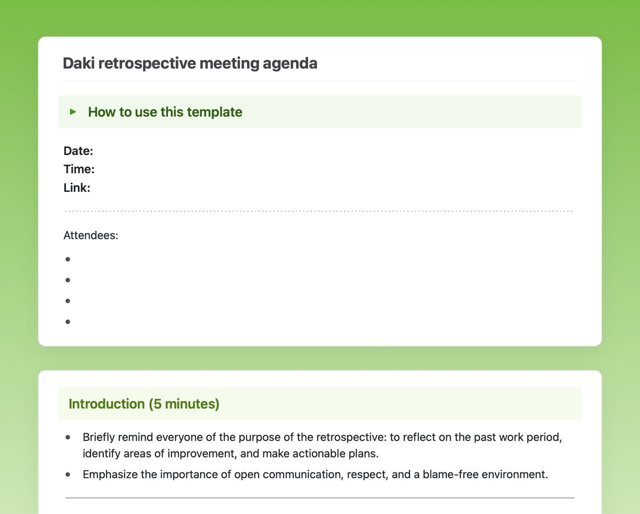 Craft Free Template: Daki retrospective meeting agenda