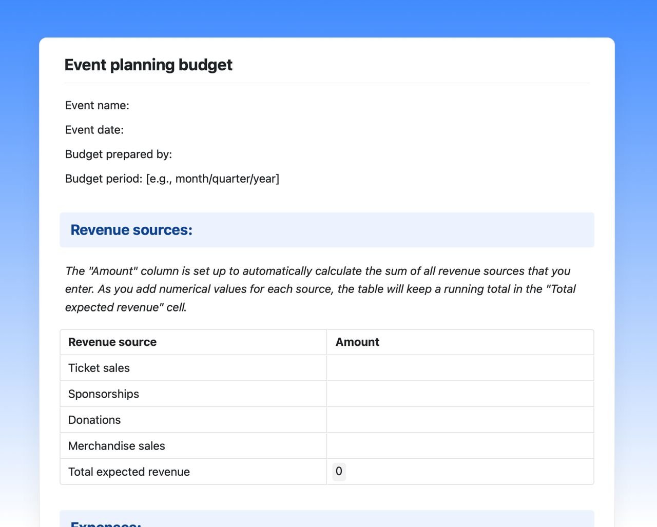Craft Free Template: Event planning budget
