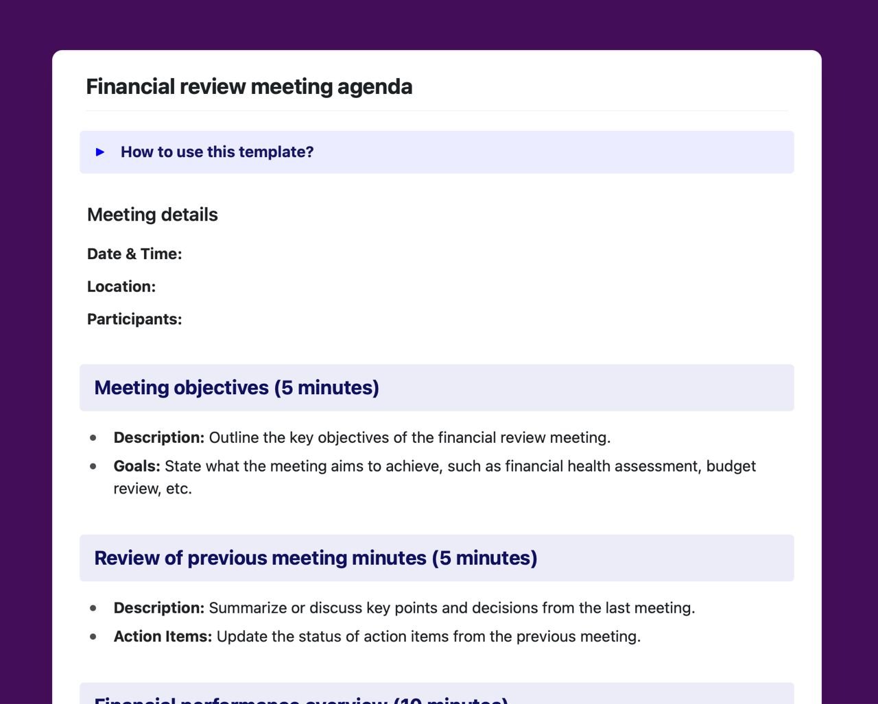Craft Free Template: Financial review meeting agenda