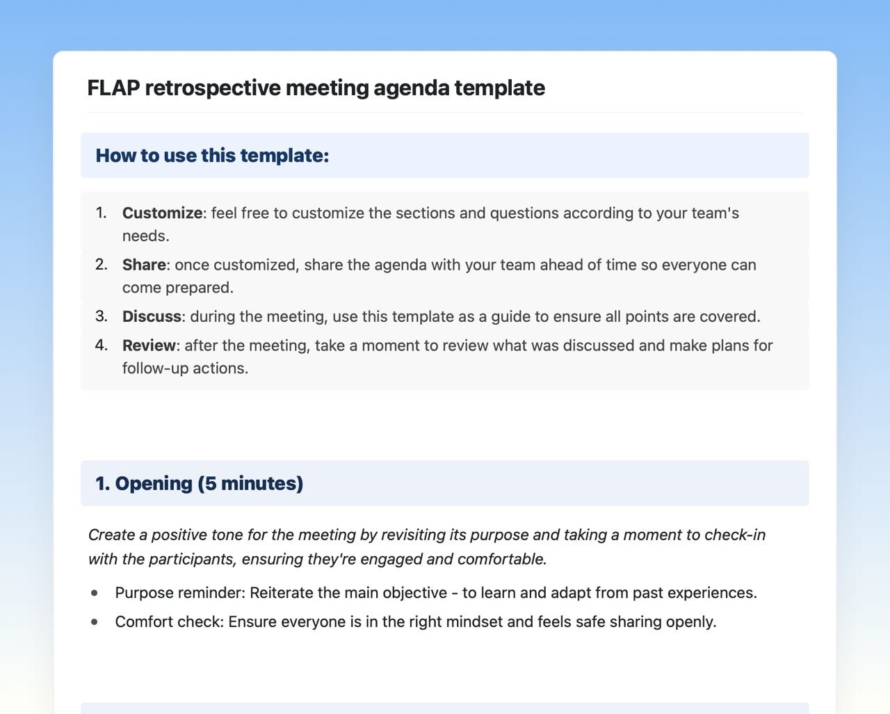 Craft Free Template: FLAP retrospective meeting agenda