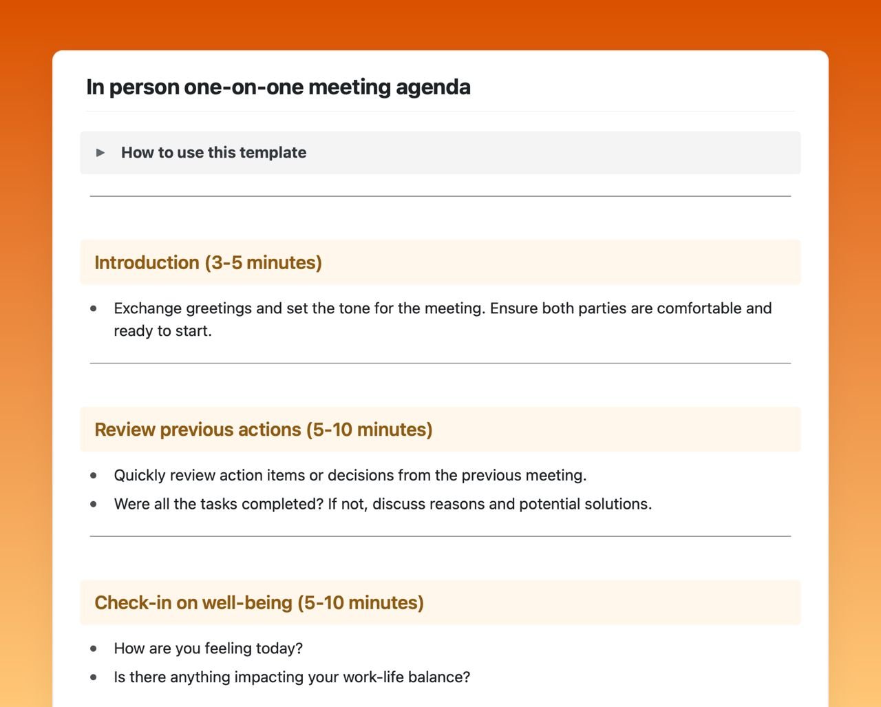 Craft Free Template: In-person one-on-one meeting agenda