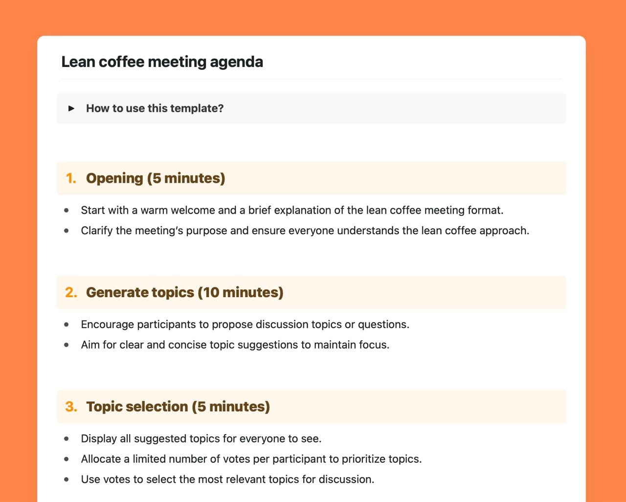 Craft Free Template: Lean coffee meeting agenda