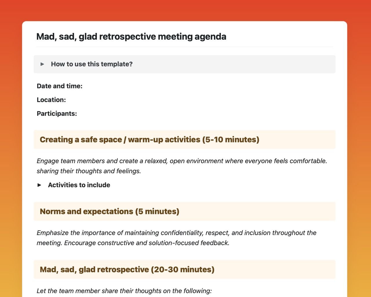 Craft Free Template: Mad, sad, glad retrospective meeting agenda