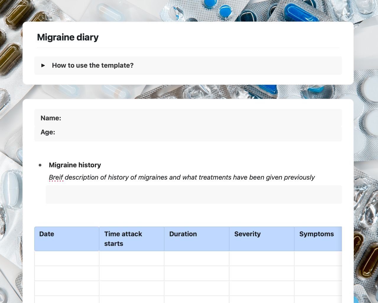 Craft Free Template: Migraine diary