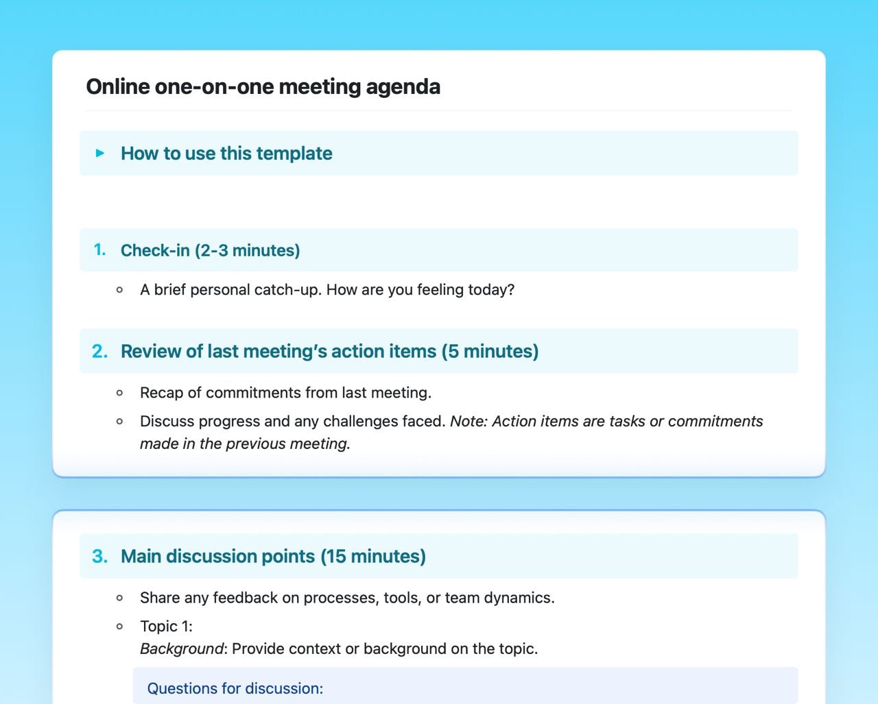 Craft Free Template: Online one-on-one meeting agenda
