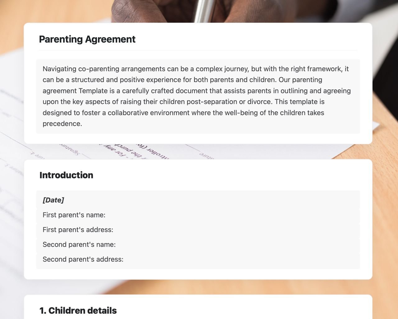 Craft Free Template: Parenting agreement