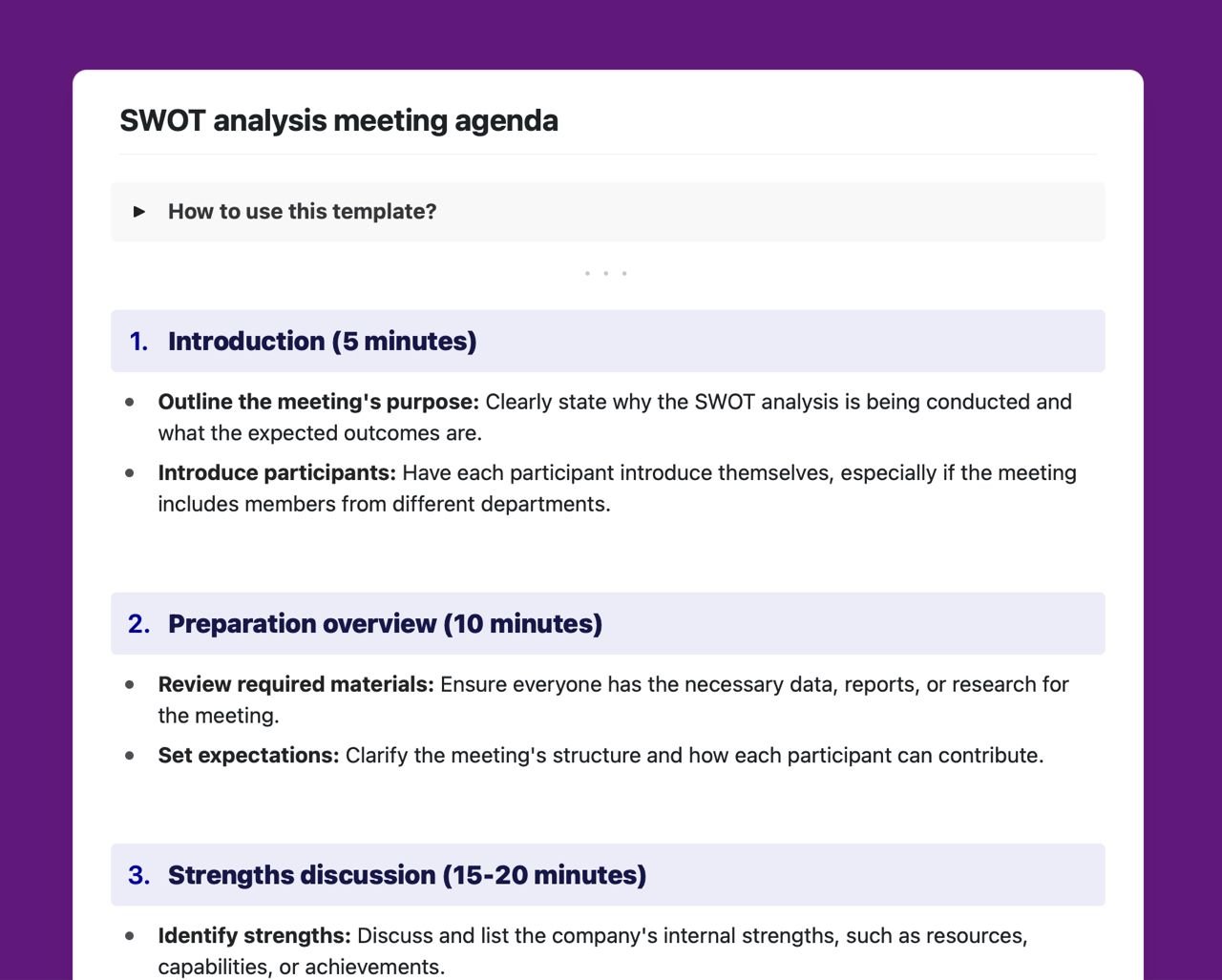 Craft Free Template: SWOT analysis meeting agenda