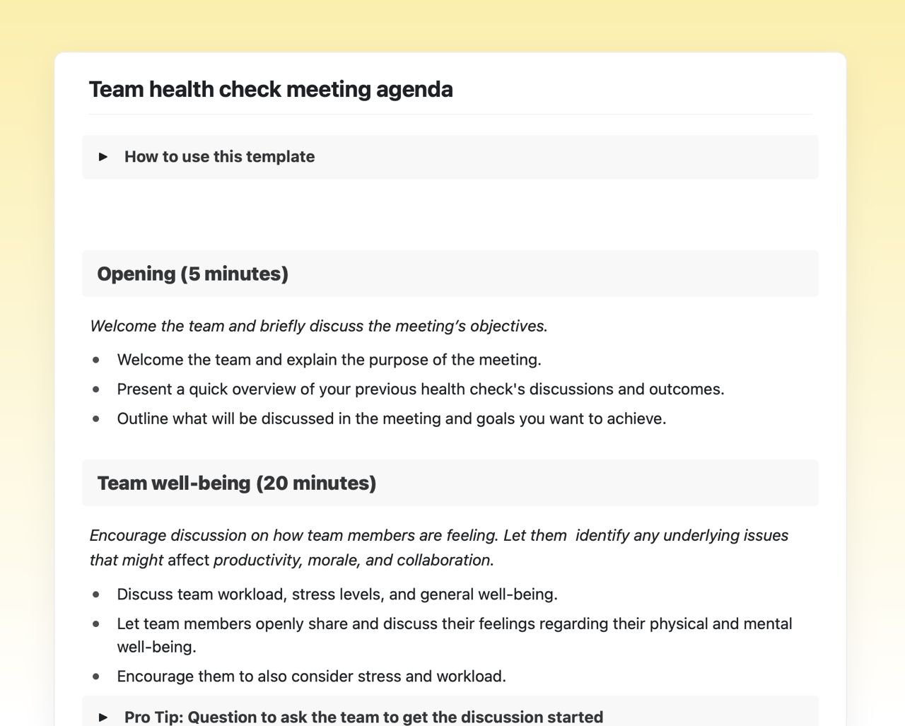 Craft Free Template: Team health check meeting agenda