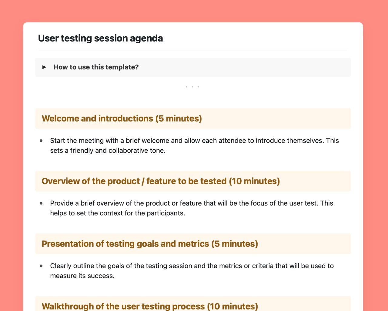 Craft Free Template: User testing session agenda