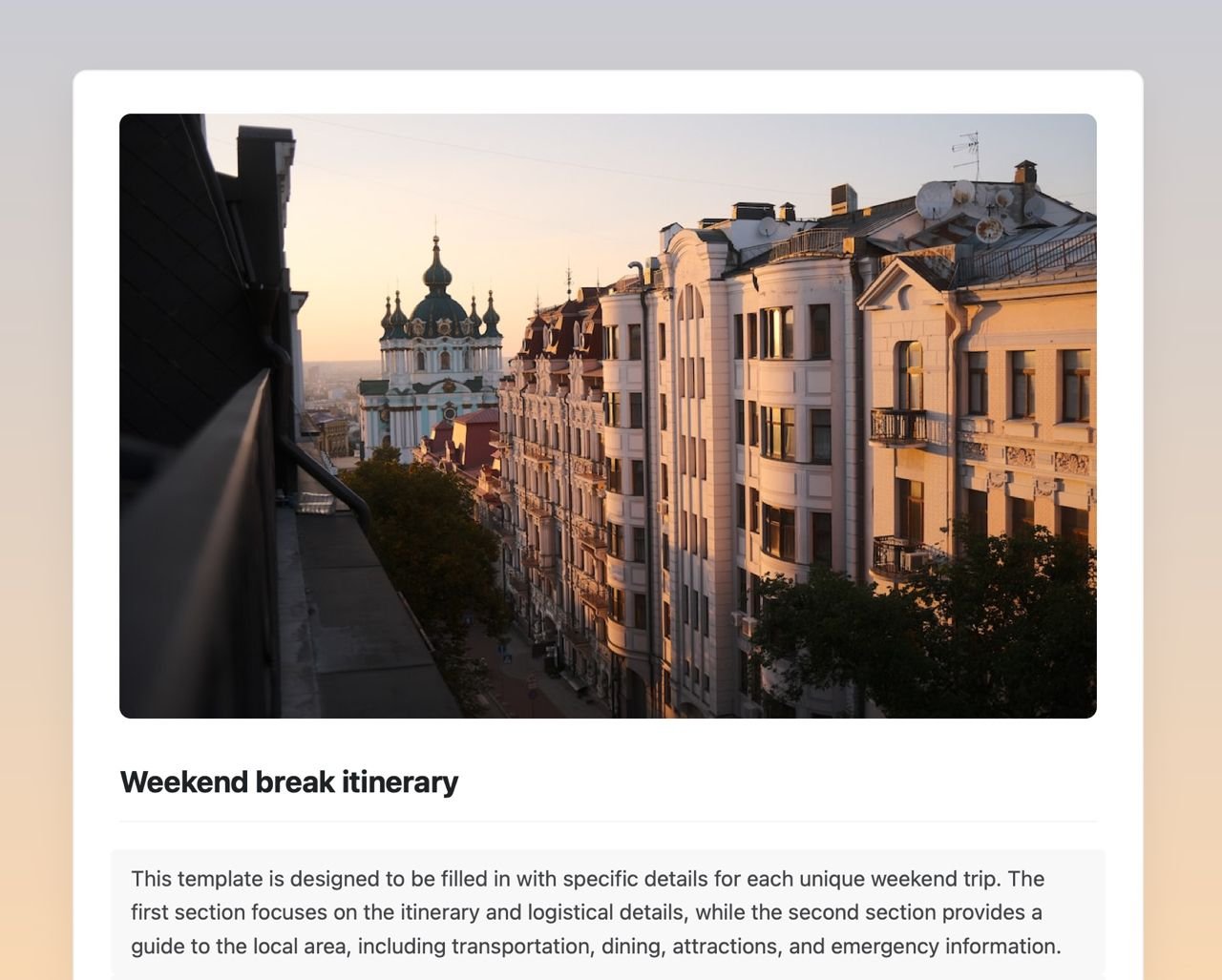 Craft Free Template: Weekend break itinerary