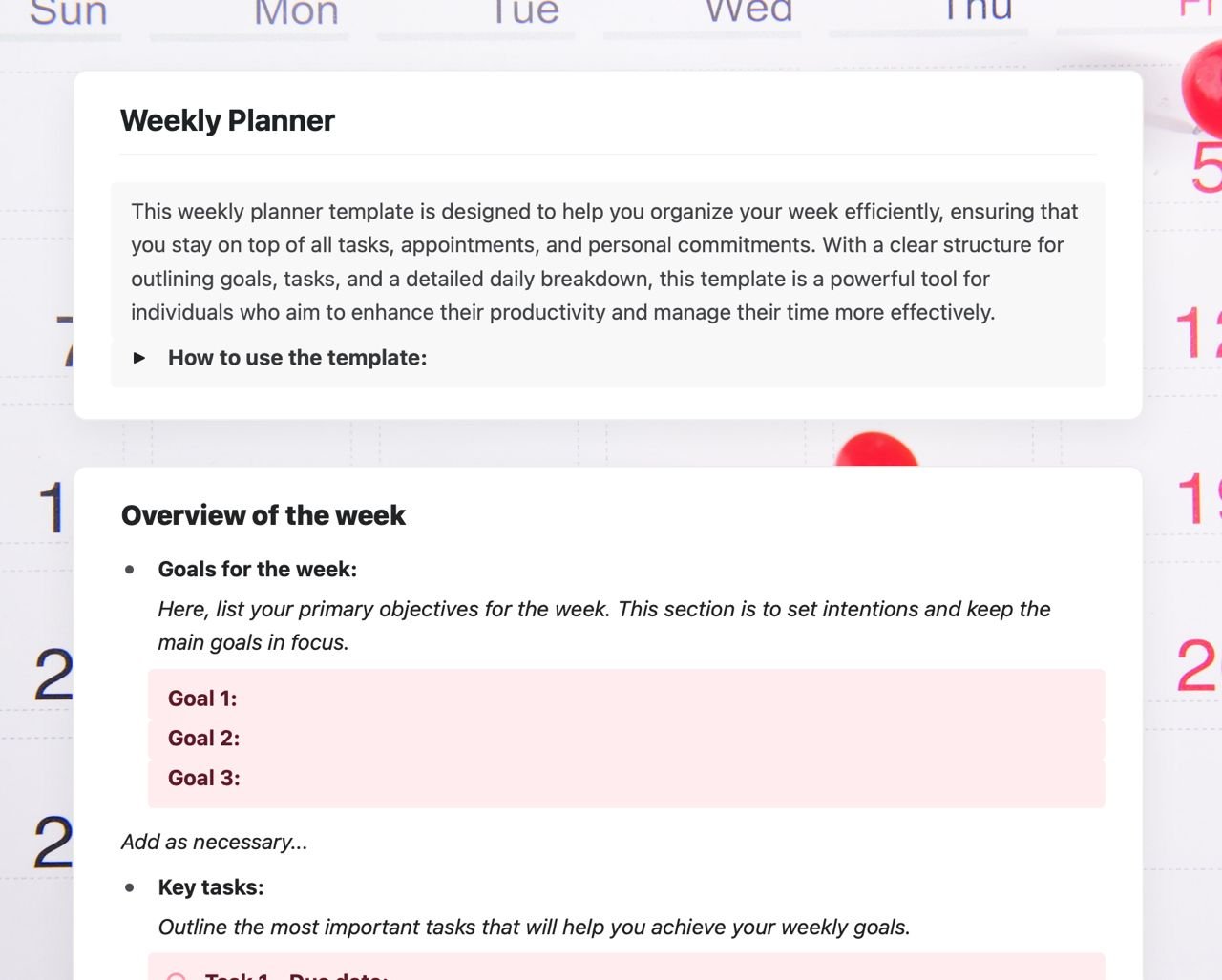Craft Free Template: Weekly planner