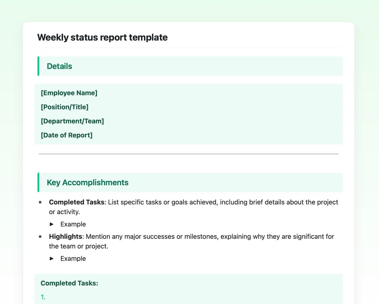 Craft Free Template: Weekly status report