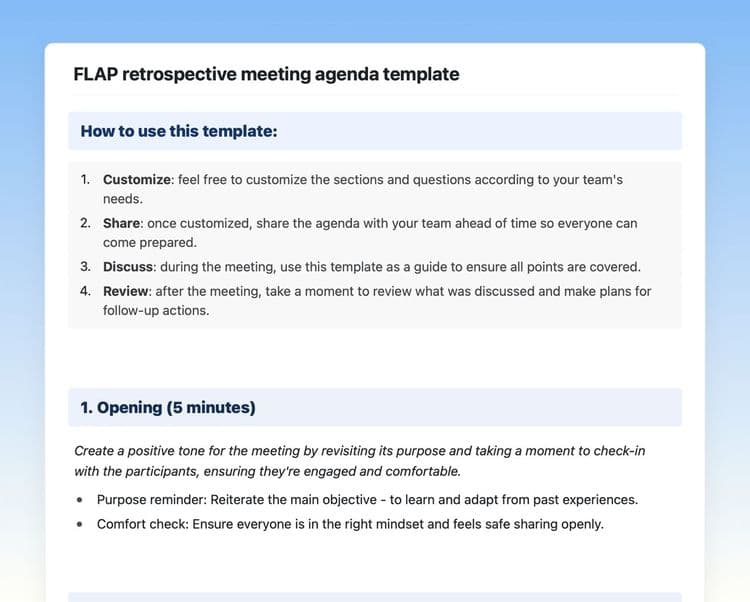 Flap retrospective meeting agenda in Craft showing instructions, opening, and gather data sections.