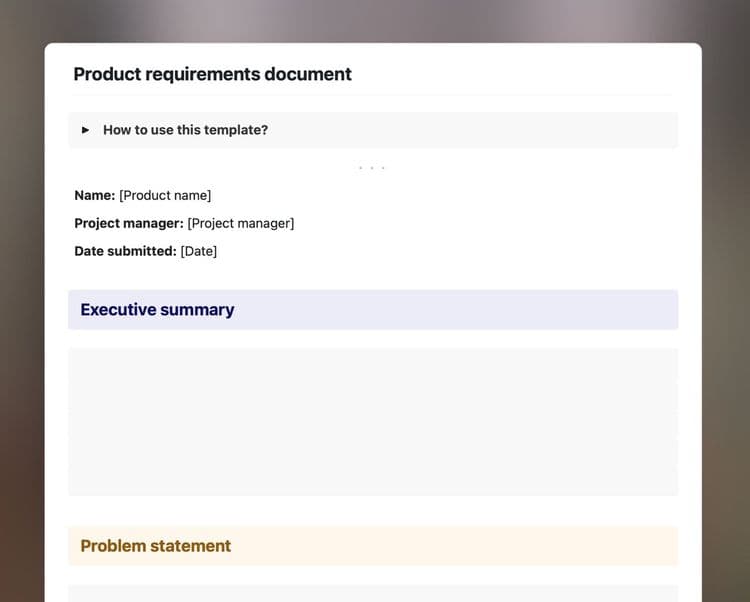 Product requirements template in Craft showing instructions, the executive summary and the problem statement sections.