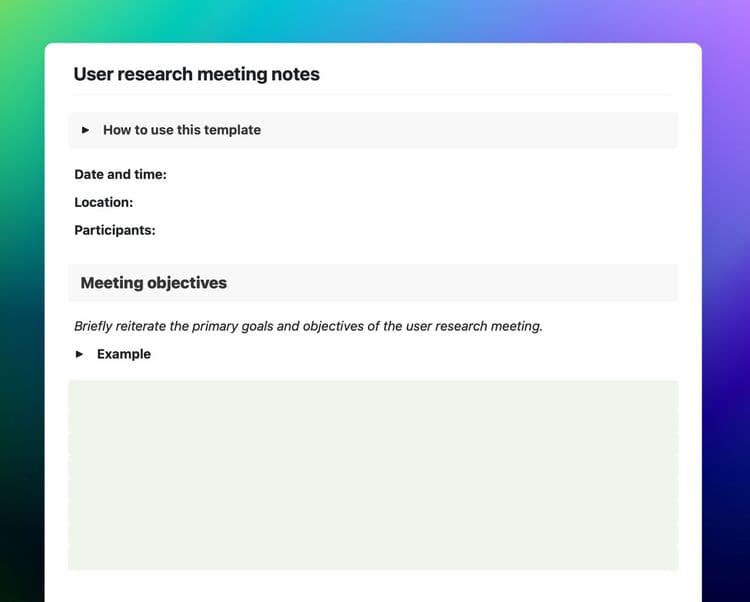 User research meeting notes template in Craft showing instructions, meeting information, and meeting objectives sections.