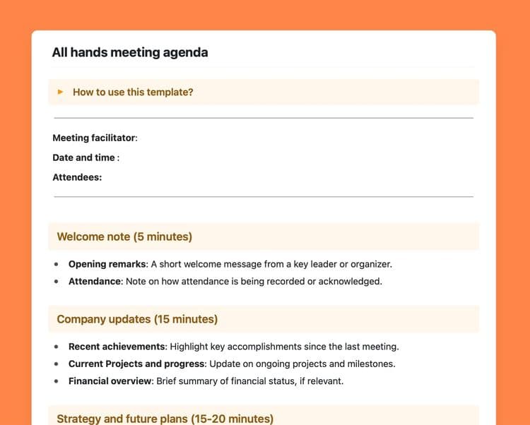 All hands meeting agenda template in Craft.