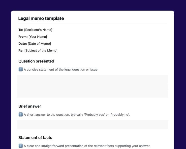 Legal memo template in Craft showing customizable sections.