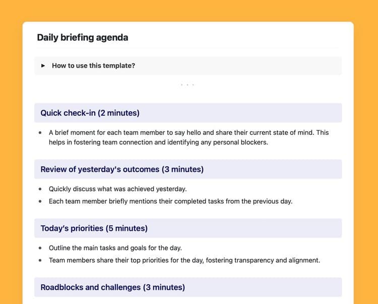 Daily briefing agenda template in Craft.