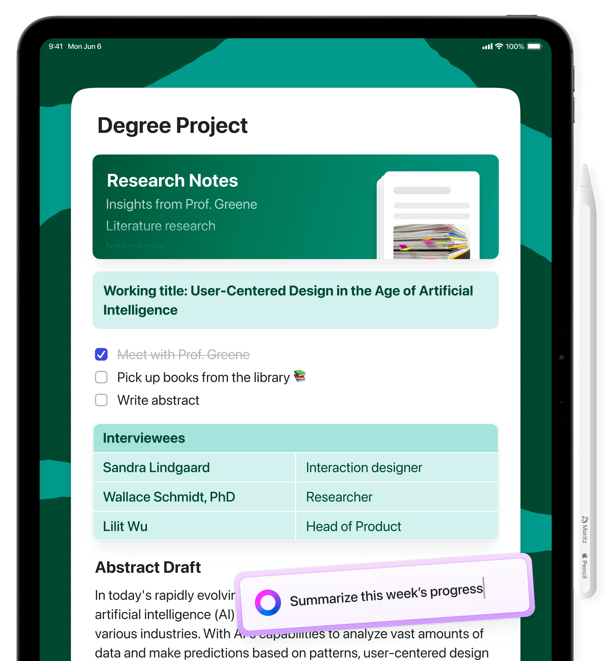 Craft on iPad, showing a document called 'Degree Project'