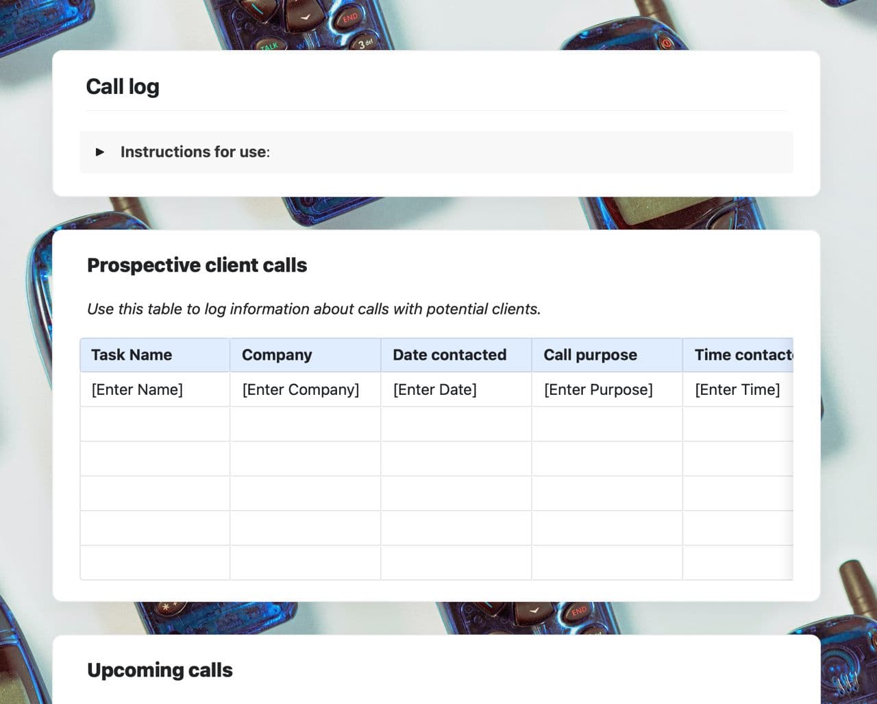 Craft Free Template: Call log