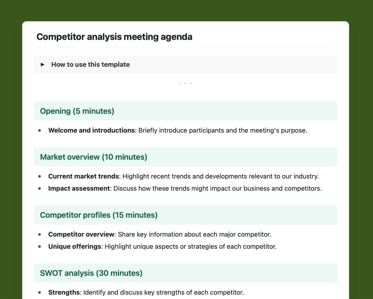 Competitor analysis meeting agenda template in Craft.