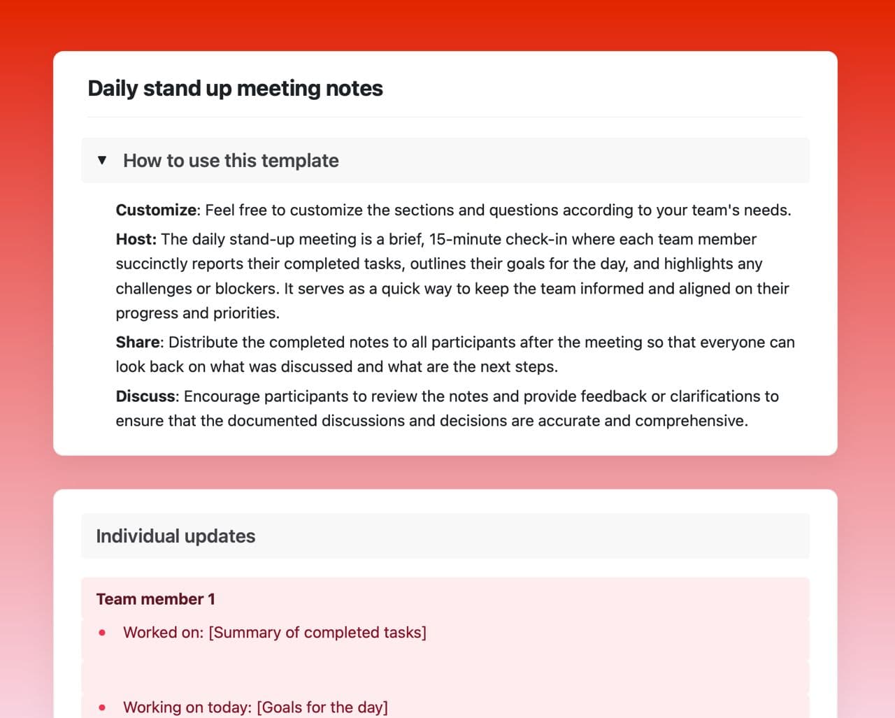 Craft Free Template: Daily stand up meeting notes