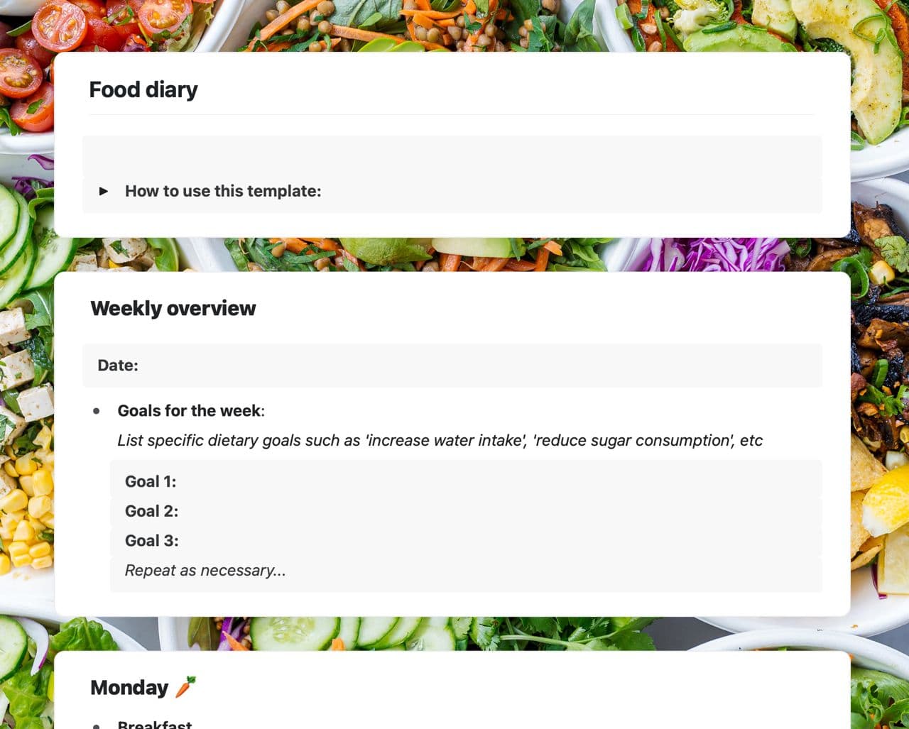 Craft Free Template: Food diary