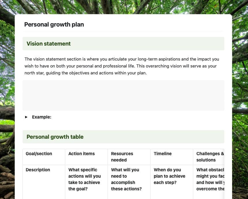 Craft Free Template: Personal growth plan