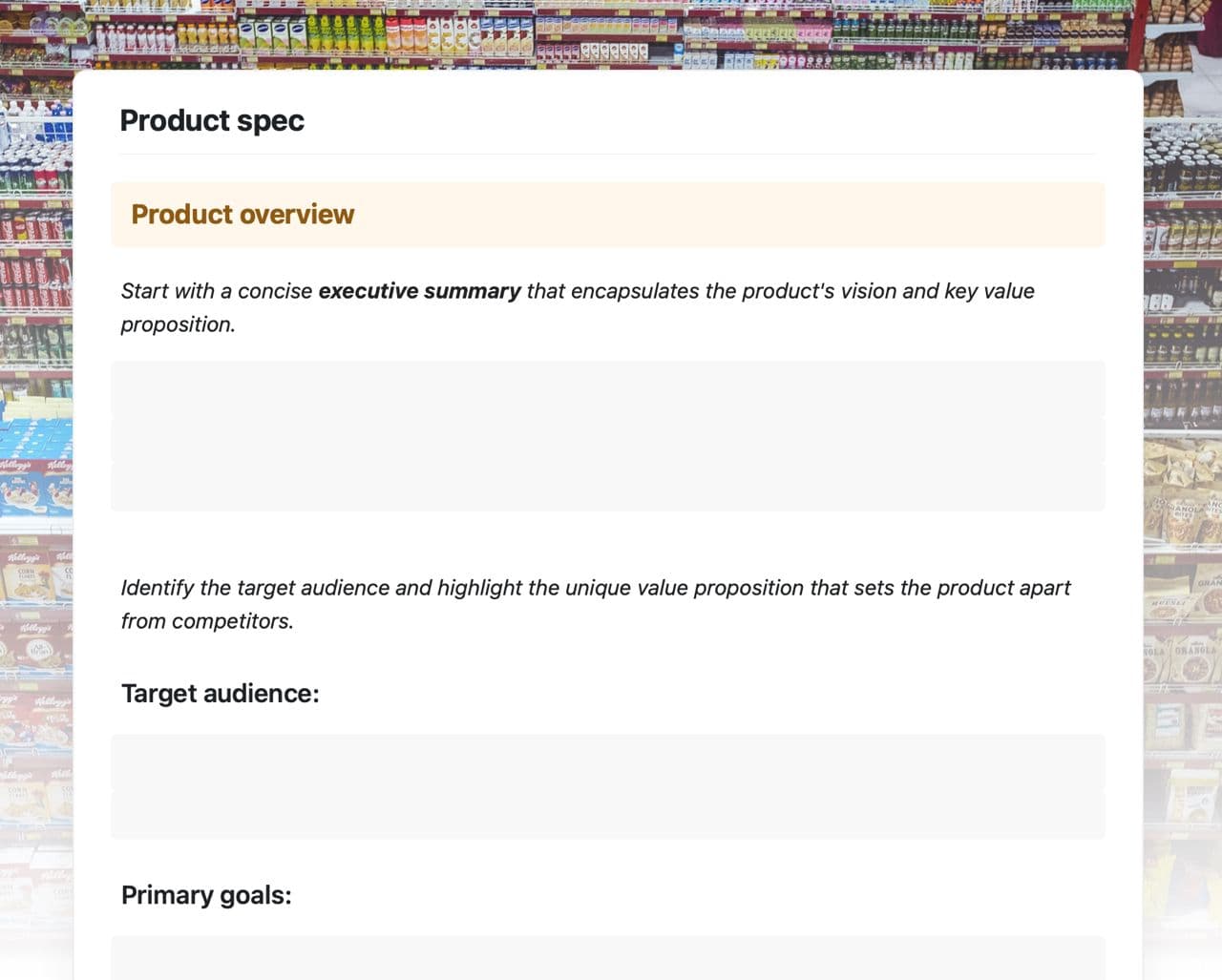 Craft Free Template: Product spec
