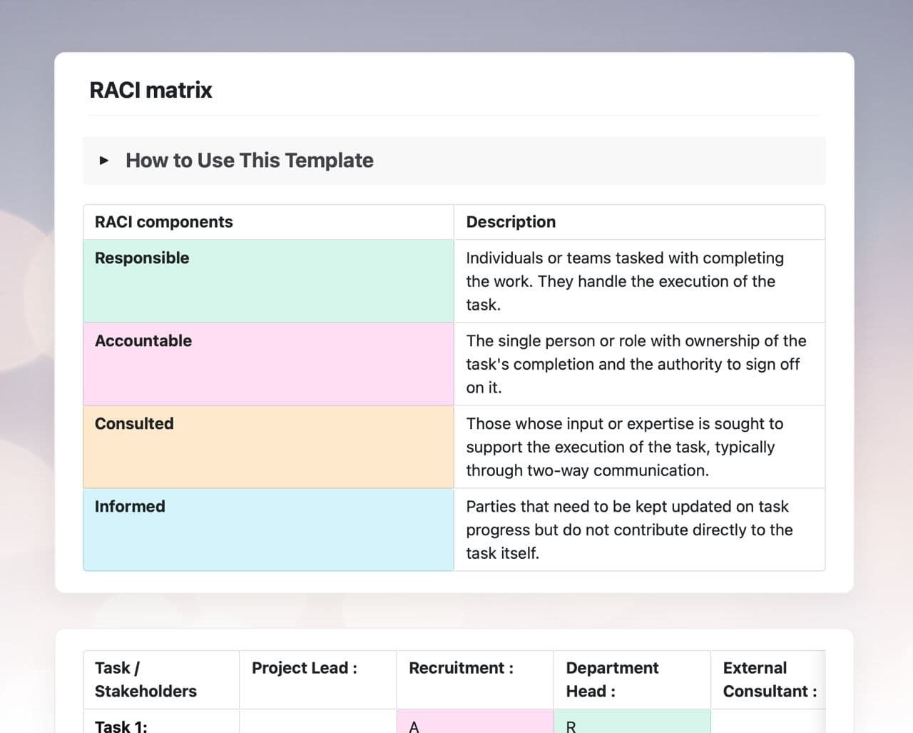 Craft Free Template: RACI matrix