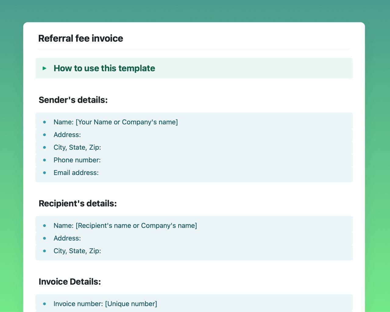 Craft Free Template: Referral fee invoice