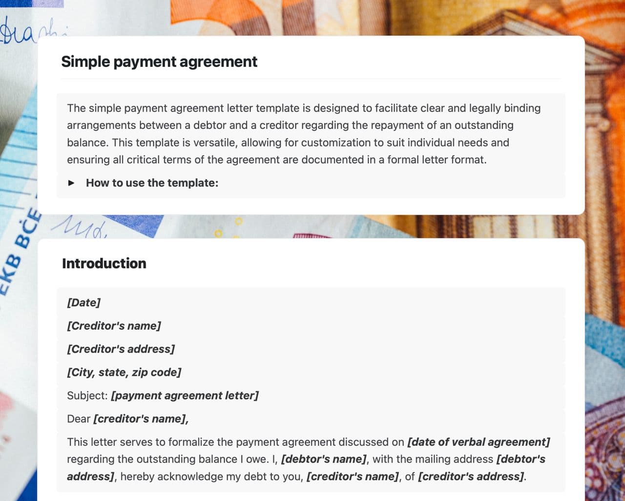 Craft Free Template: Simple payment agreement