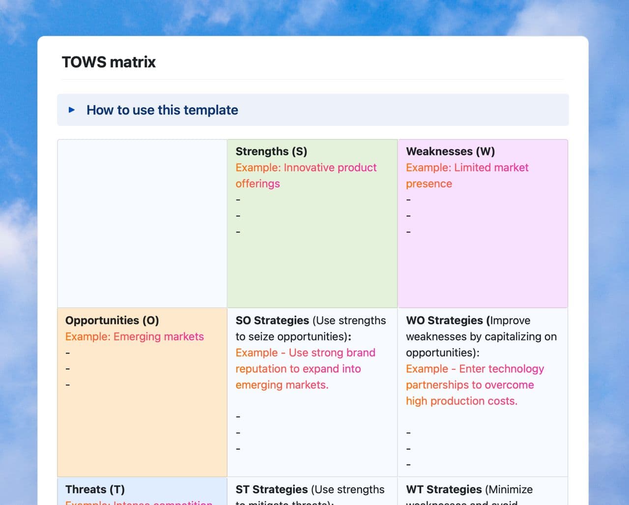 Craft Free Template: TOWS matrix