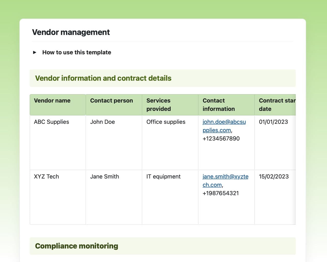 Craft Free Template: Vendor management